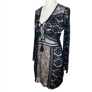 Express Black Floral Lace Nude Plunging Neckline Mini Dress  Size 6